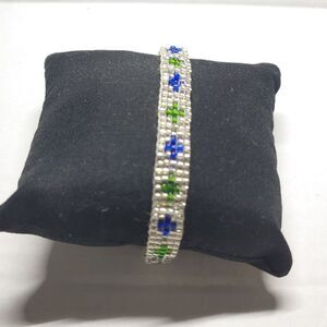 Loom Beaded Bracelet Clear w/ Silver, Blue and Gre